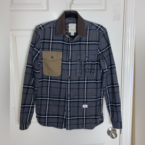 Diesel Chore Shirt Jacket Overshirt Flannel Check Leather Collar Small Mens‌‌‌ - Picture 11 of 13